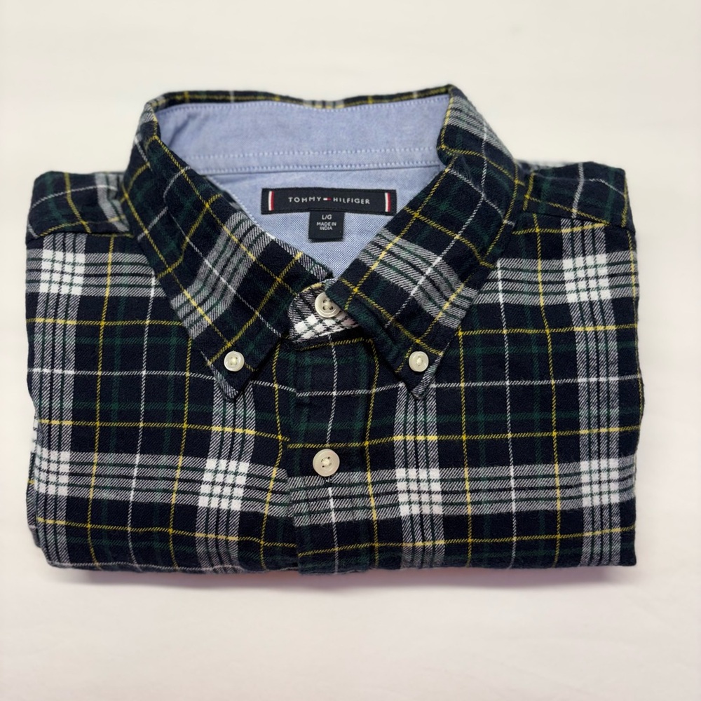 Tommy Hilfiger Classic Tartan Plaid Button-Down Shirt - Navy/Green/Gold - Size L